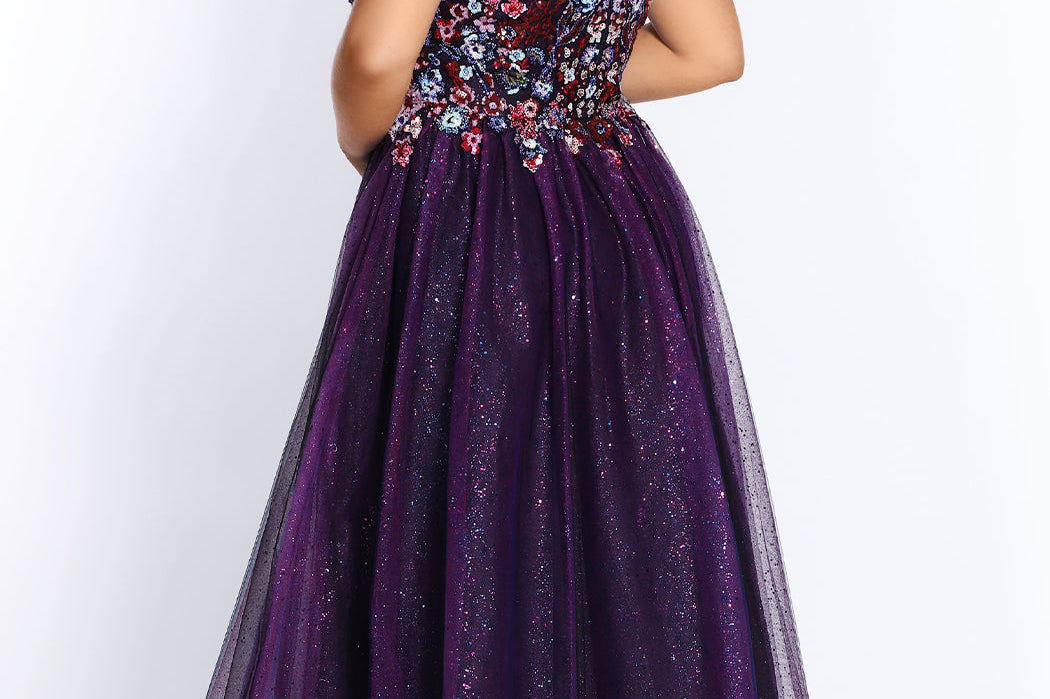 Tease Prom TE2101 Back view Plus size A-line dress with spaghetti straps, zip up back, floral bodice, and a glitter tulle skirt. 