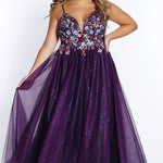 Tease Prom TE2101 Plus size A-line dress with spaghetti straps, deep V neckline, floral bodice, and a glitter tulle skirt. 