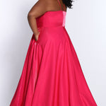 Tease Prom TE2103 Back view of Plus Size A-line dress in fuchsia with spaghetti straps and bra friendly high back.