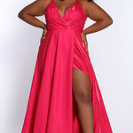Tease Prom TE2103 Plus Size A-line dress in fuchsia with v-neck, spaghetti straps, and slit. 