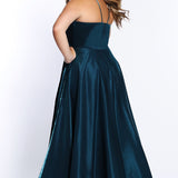 Tease Prom TE2103 Back view of Plus Size A-line dress in teal with spaghetti straps and bra friendly high back.