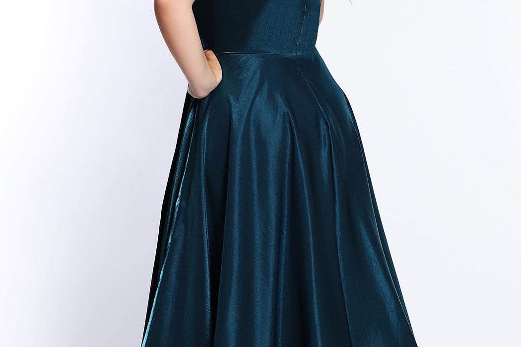 Tease Prom TE2103 Back view of Plus Size A-line dress in teal with spaghetti straps and bra friendly high back.