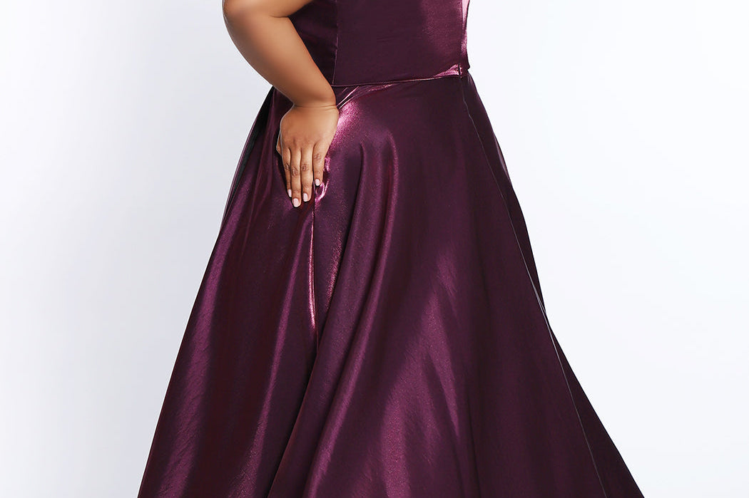 Tease Prom TE2103 Back view of Plus Size A-line dress in violet with spaghetti straps and bra friendly high back.