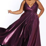 Tease Prom TE2103 Plus Size A-line dress in violet purple with v-neck, spaghetti straps, and slit. 