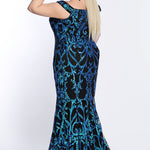 Tease Prom TE2105 Back view Plus size off the shoulder black mermaid dress with blue sequins 