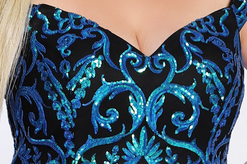 Tease Prom TE2105 Plus Size up close view of blue sequin detail. 