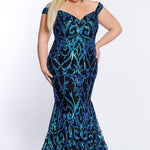 Tease Prom TE2105 Plus size off the shoulder black mermaid dress with blue sequins and v-neckline.