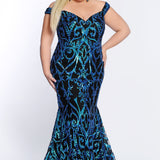 Tease Prom TE2105 Plus size off the shoulder black mermaid dress with blue sequins and v-neckline.