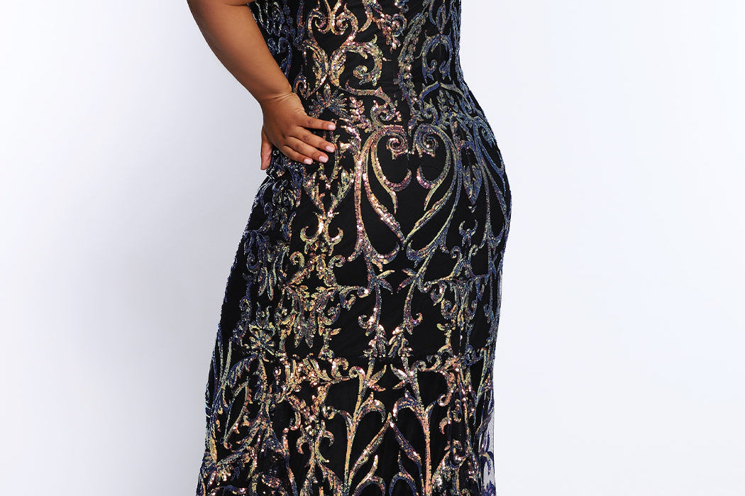 Tease Prom TE2105 Plus size off the shoulder black mermaid dress with gold sequins 