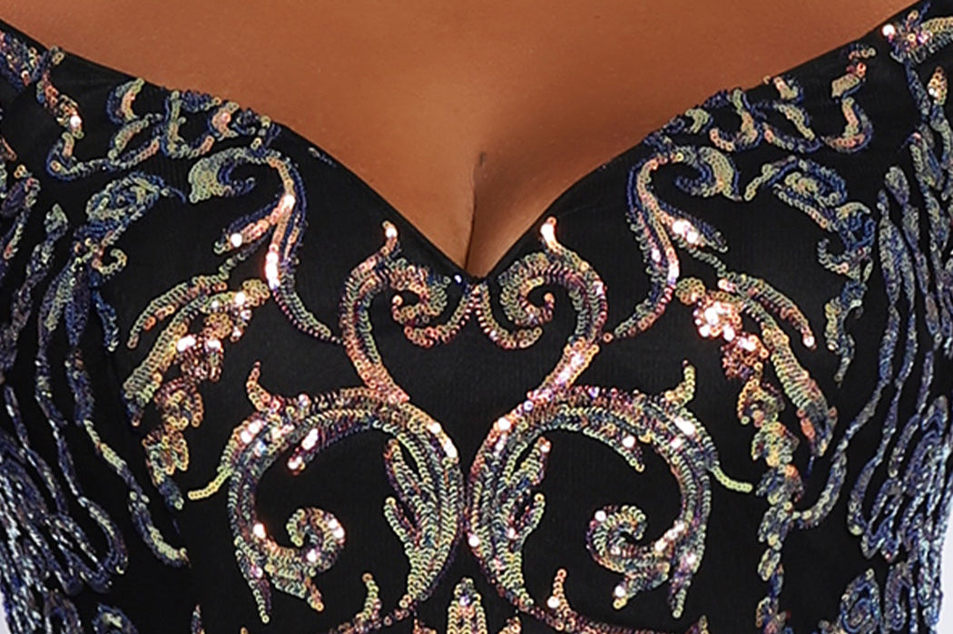 Tease Prom TE2105 Up close view of gold sequin details.
