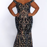 Tease Prom TE2105 Plus size off the shoulder black mermaid dress with gold sequins and v-neckline.