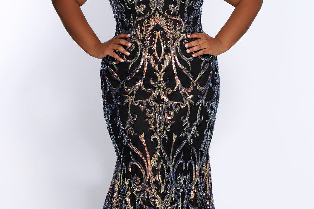 Tease Prom TE2105 Plus size off the shoulder black mermaid dress with gold sequins and v-neckline.