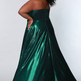 Tease Prom TE2116 Back view emerald metallic Plus Size A-line dress with slit, v-neck, and spaghetti straps that form a V at the top back of the gown.