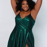 Tease Prom TE2116 emerald metallic Plus Size A-line dress with slit, v-neck, and spaghetti straps