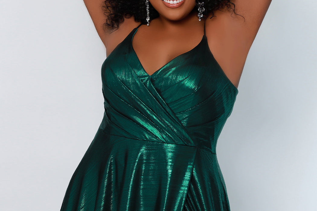 Tease Prom TE2116 emerald metallic Plus Size A-line dress with slit, v-neck, and spaghetti straps