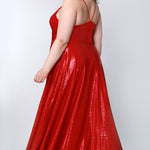 Tease Prom TE2116 Back view Red metallic Plus Size A-line dress with slit, v-neck, and spaghetti straps that form a V  at the top back of the gown. 