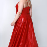 Tease Prom TE2116 Back view Red metallic Plus Size A-line dress with slit, v-neck, and spaghetti straps that form a V  at the top back of the gown. 