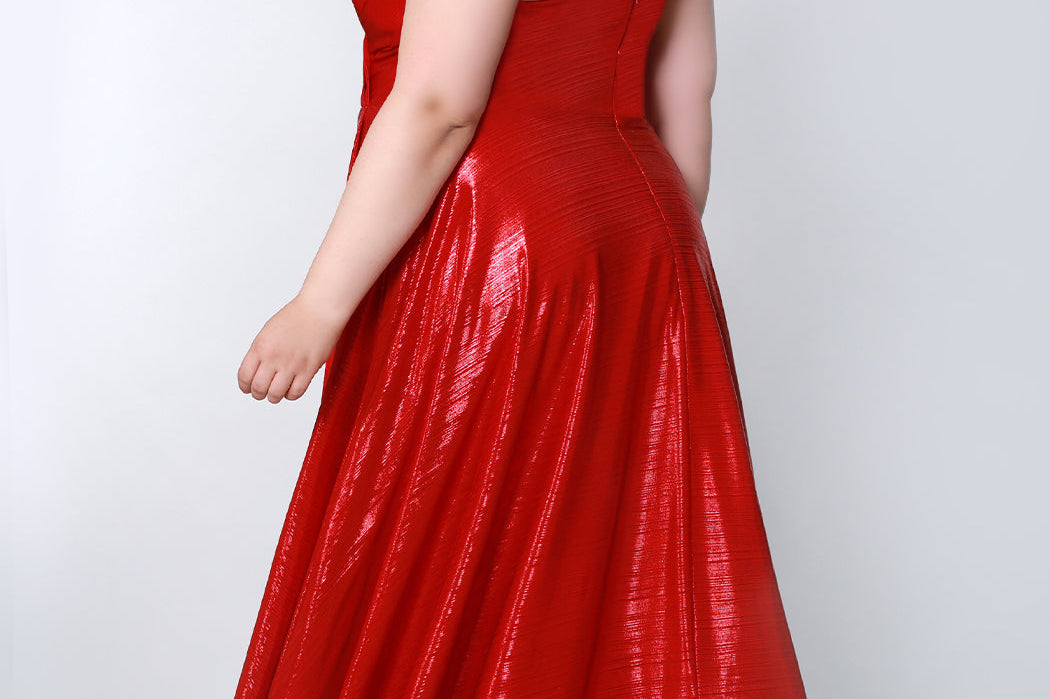 Tease Prom TE2116 Back view Red metallic Plus Size A-line dress with slit, v-neck, and spaghetti straps that form a V  at the top back of the gown. 