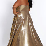 Tease Prom TE2116 Back view gold metallic Plus Size A-line dress with slit, v-neck, and spaghetti straps that form a V at the top back of the gown.