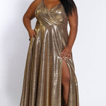 Tease Prom TE2116 gold metallic Plus Size A-line dress with slit, v-neck, and spaghetti straps