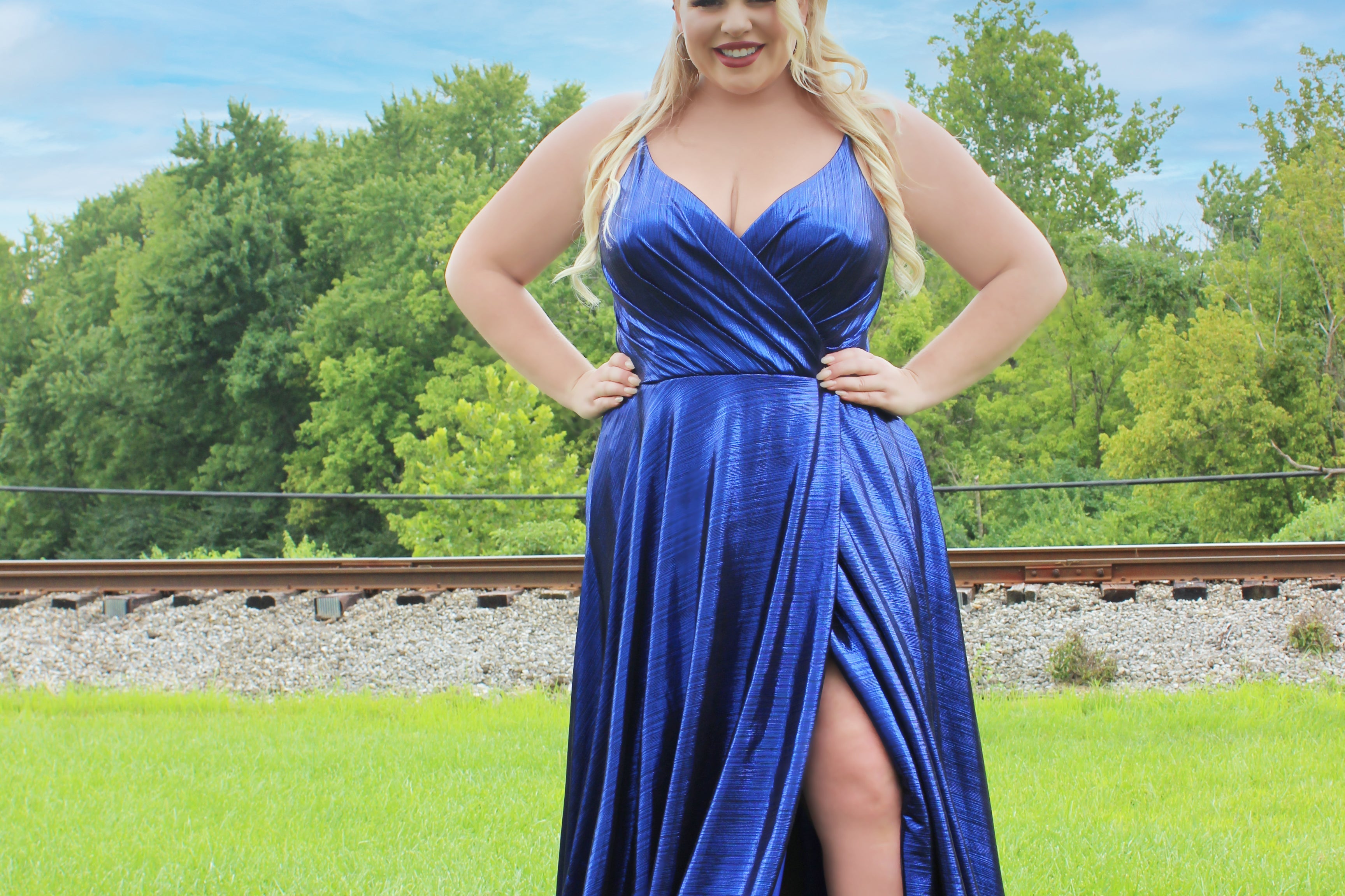 Tease Prom TE2116 Royal blue metallic Plus Size A-line dress with slit, v-neck, and spaghetti straps