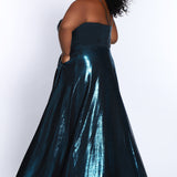 Tease Prom TE2116 Back view teal metallic Plus Size A-line dress with slit, v-neck, and spaghetti straps that form a V at the top back of the gown.