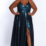 Tease Prom TE2116 teal metallic Plus Size A-line dress with slit, v-neck, and spaghetti straps