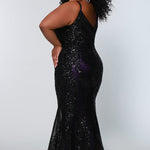 Tease Prom TE2118 Back view black mesh with black sequins over purple fitted dress with zip up back