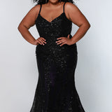 Tease Prom TE2119 Plus Size black fitted dress with black sequin mesh over purple and a v-neckline. 