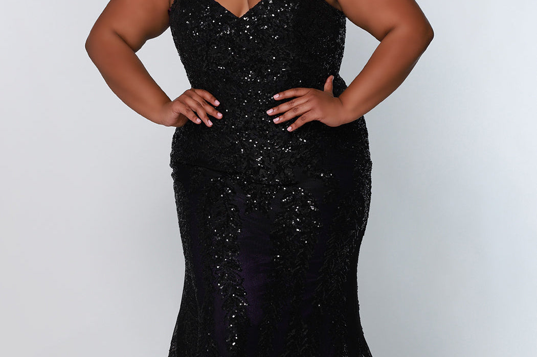 Tease Prom TE2119 Plus Size black fitted dress with black sequin mesh over purple and a v-neckline. 