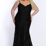 Tease Prom TE2119 Plus Size black fitted dress with black sequin mesh over black and a v-neckline. 