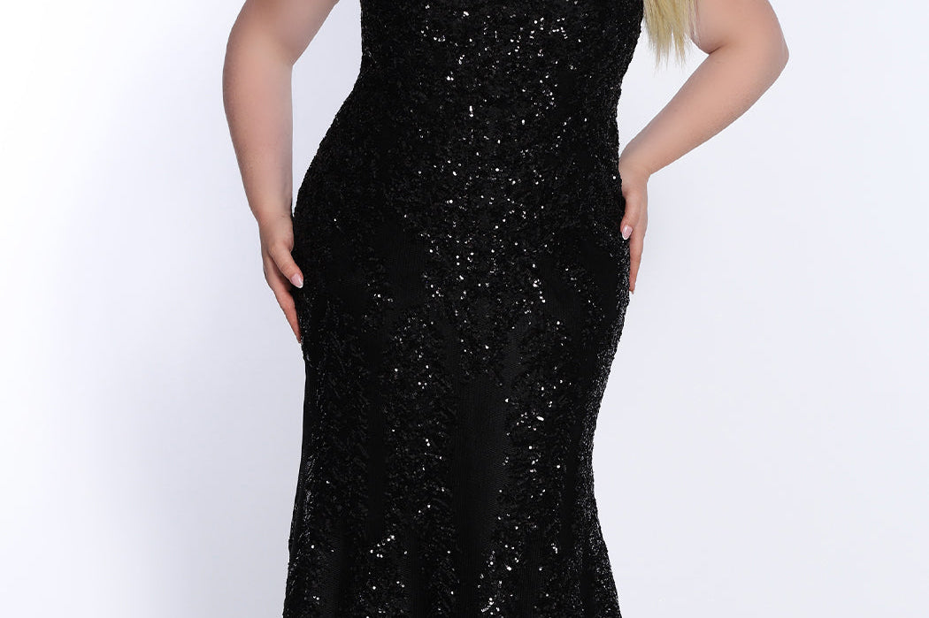Tease Prom TE2119 Plus Size black fitted dress with black sequin mesh over black and a v-neckline. 
