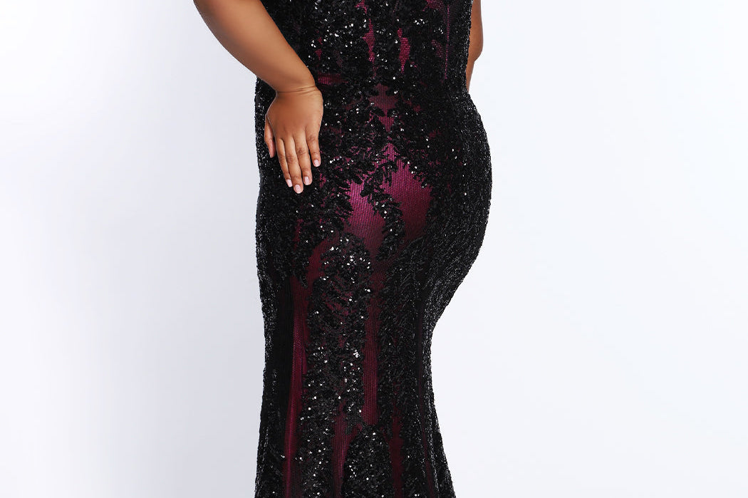 Tease Prom TE2118 Back view black mesh with black sequins over pink fitted dress with zip up back