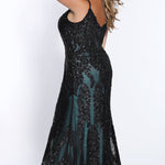 Tease Prom TE2118 Back view black mesh with black sequins over aqua fitted dress with zip up back