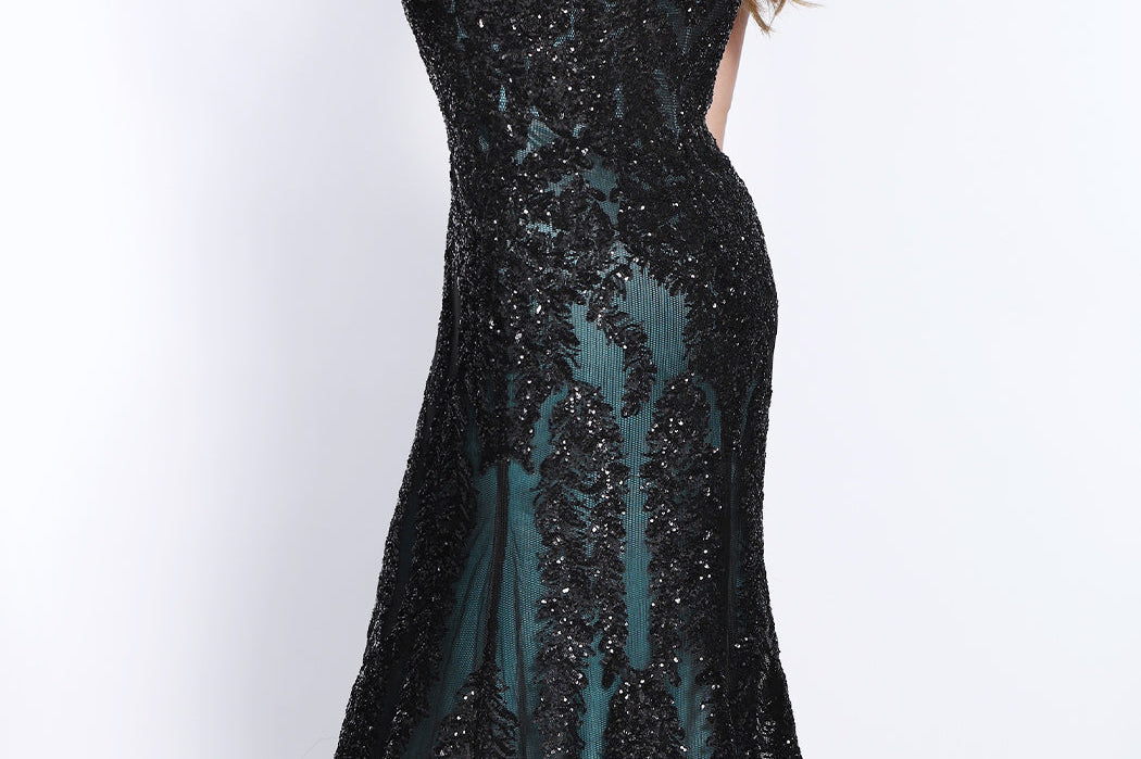 Tease Prom TE2118 Back view black mesh with black sequins over aqua fitted dress with zip up back