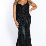 Tease Prom TE2119 Plus Size black fitted dress with black sequin mesh over aqua and a v-neckline. 