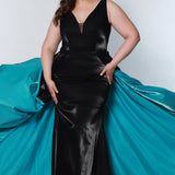 Tease Prom style number TE2204 Black plus size fitted v-neck gown with black overskirt with turquoise on the under side of skirt.  