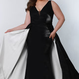 Tease Prom style number TE2204 Black plus size fitted v-neck gown with black overskirt with white on the under side of skirt.  