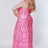 Tease Prom style number TE2205 Back view pink fit and flare dress with pink sequins, a v-neckline, and spaghetti straps that lace into the back.