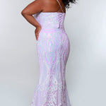 Tease Prom style number TE2205 Back view lavender fit and flare dress with lavender sequins, a v-neckline, and spaghetti straps that lace into the back.