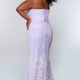 Tease Prom style number TE2205 Back view lavender fit and flare dress with lavender sequins, a v-neckline, and spaghetti straps that lace into the back.