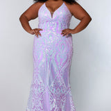 Tease Prom style number TE2205 Lavender fit and flare dress with lavender sequins, a v-neckline, and spaghetti straps that lace into the back.