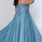 Tease Prom Style number TE2207 Back view Blue plus size A-line dress with a scoop neckline and a bodice decorated with floral appliques and beads