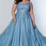 Tease Prom Style number TE2207 Blue plus size A-line dress with a scoop neckline and a bodice decorated with floral appliques and beads