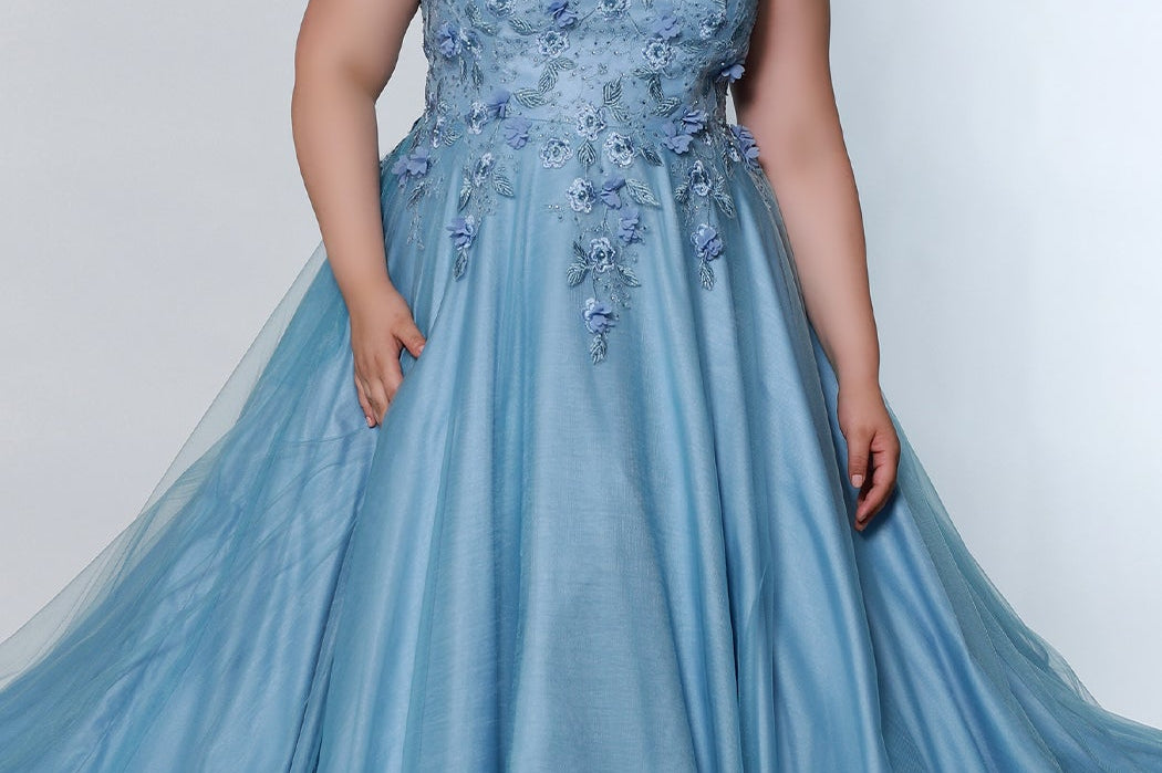 Tease Prom Style number TE2207 Blue plus size A-line dress with a scoop neckline and a bodice decorated with floral appliques and beads
