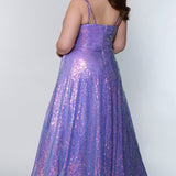 Tease Prom TE2208 Back view purple scoop neck sequin plus size a-line dress.