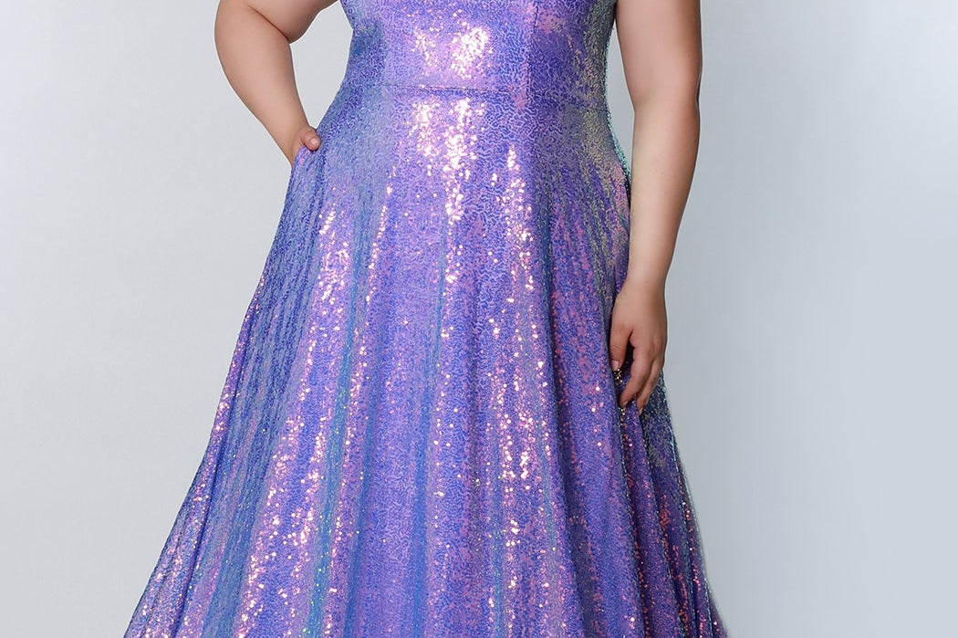 Tease Prom TE2208 Purple scoop neck sequin plus size a-line dress.
