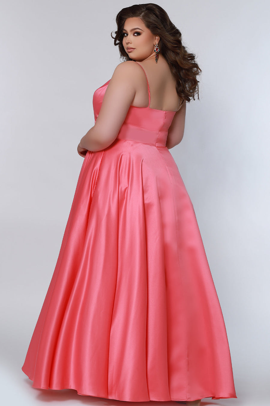 Tease Prom TE2209 Back view Plus size satin a-line dress in coral with spaghetti straps, a deep v-neckline and a slit.
