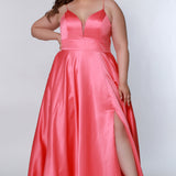 Tease Prom TE2209 Plus size satin a-line dress in coral with spaghetti straps, a deep v-neckline and a slit.