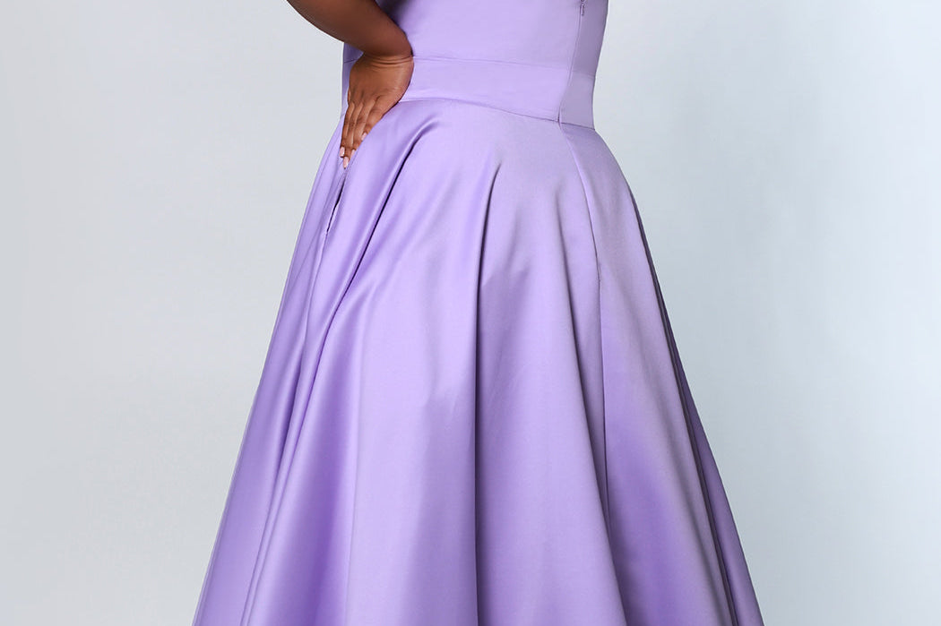 Tease Prom TE2209 Back view Plus size satin a-line dress in lilac with spaghetti straps, a deep v-neckline and a slit.